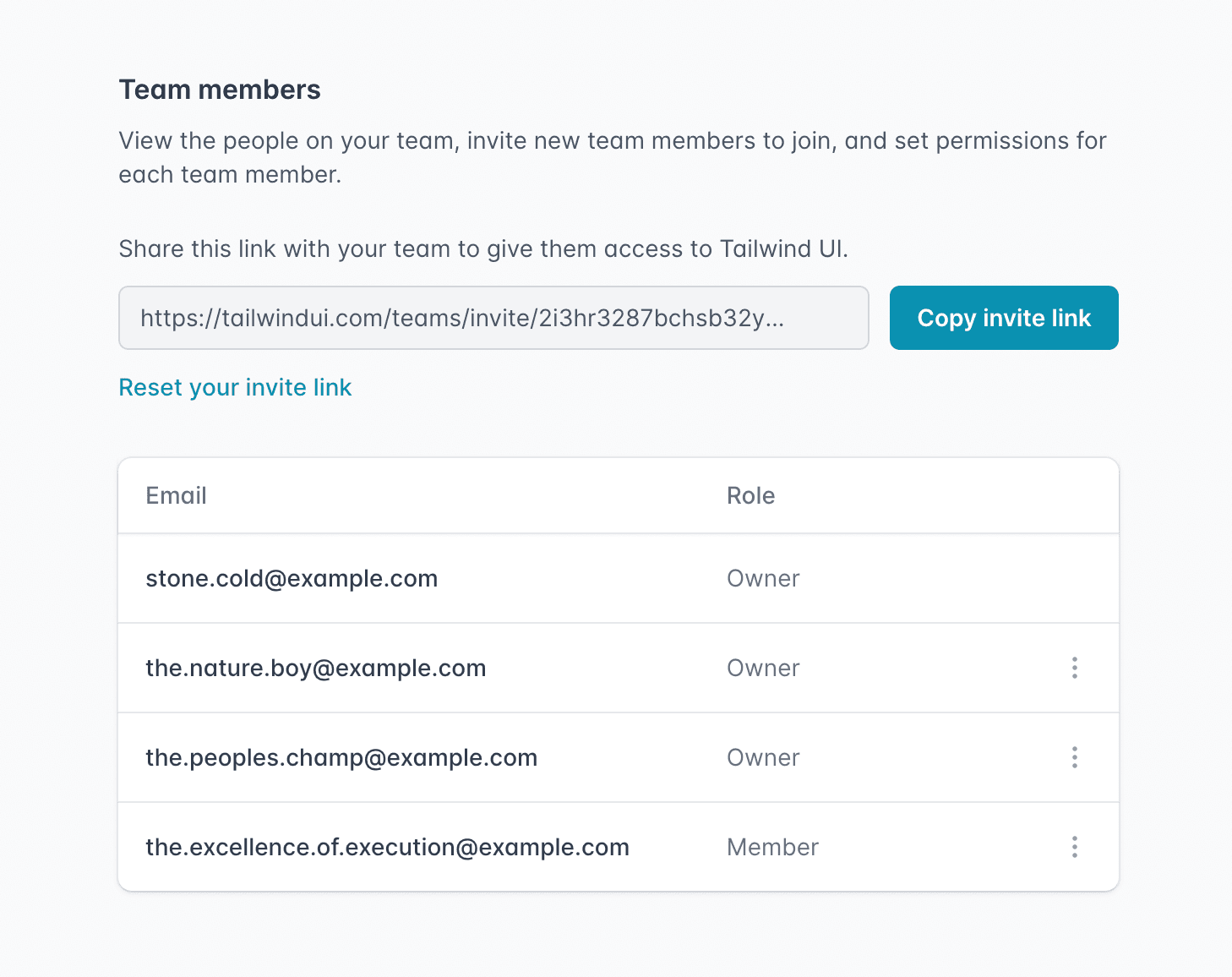 Interface with a copyable invite URL and list of team members